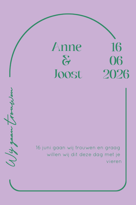 Trouwkaart modern kleurrijk paars en groen