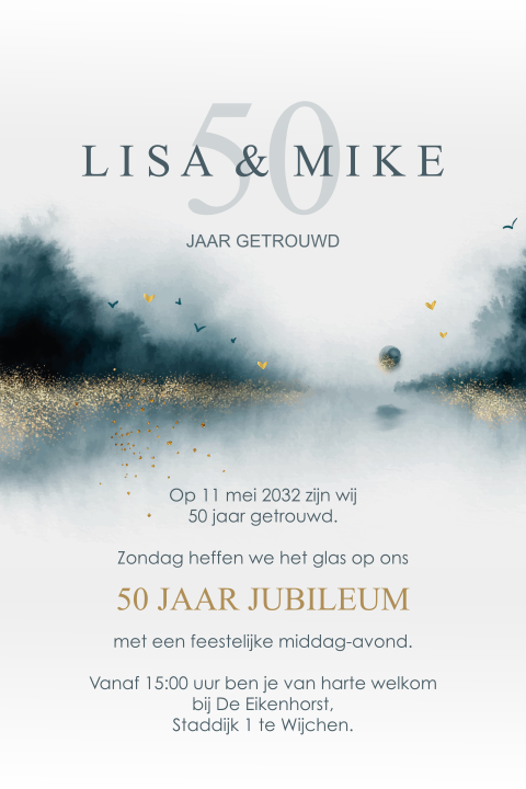 Uitnodiging 50 jarig jubileum feest  met blauw en goudlook waterverf