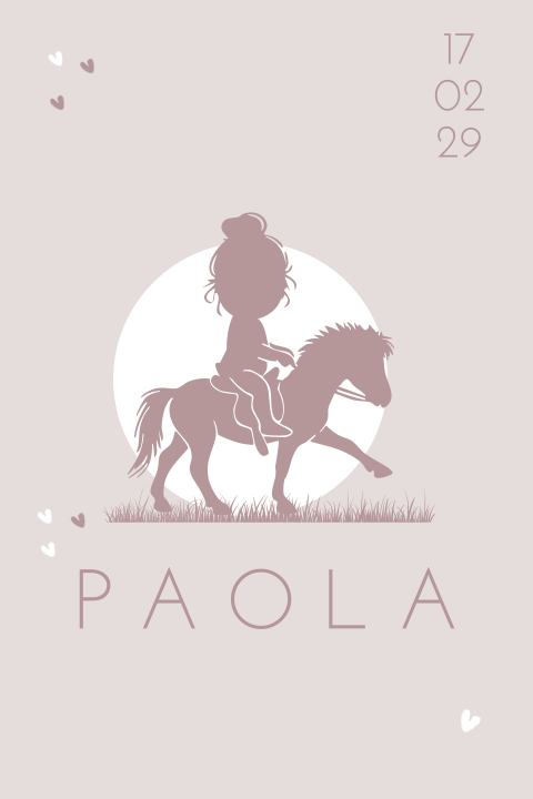 Geboortekaartje meisje met pony paard ruiter silhouet