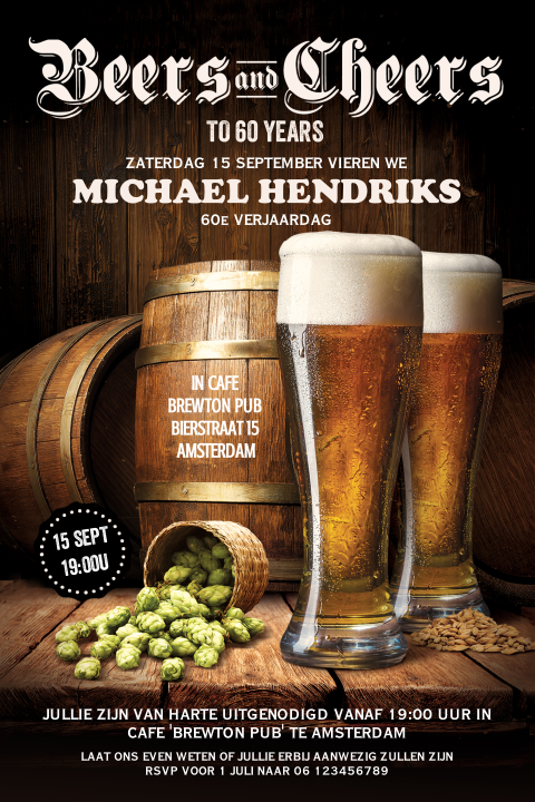 Uitnodiging 60e verjaardag feest man bier en houten vat