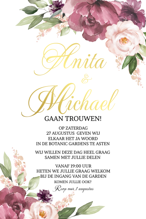 Trouwen Uitnodiging goudfolie met prachtige roze en paarse bloemen