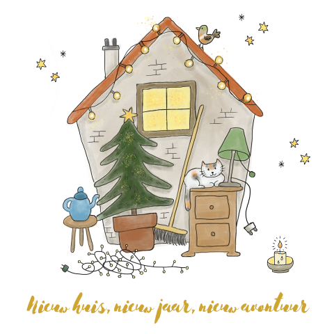 Kerstverhuiskaart, kerst, boom, kat