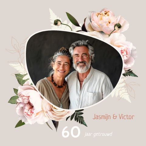 Jubileum uitnodiging 60 jaar met roze rozen en foto