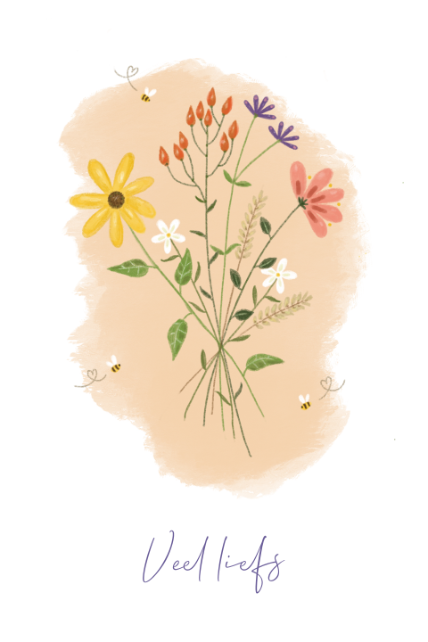 Wenskaart met boeket bloemen en bijen