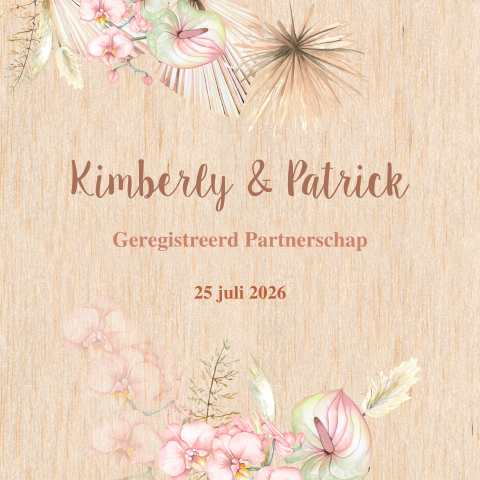 Geregistreerd partnerschap Uitnodiging droogbloemen gedrukt op hout