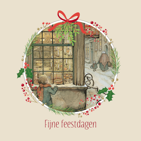 Kerstkaart Anton Pieck jongen voor kerstetalage met kader