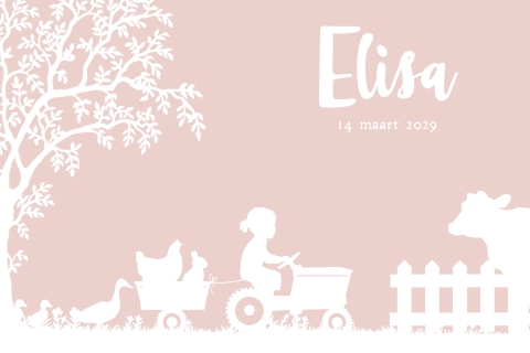 Boerderij-thema geboortekaartje meisje op tractor