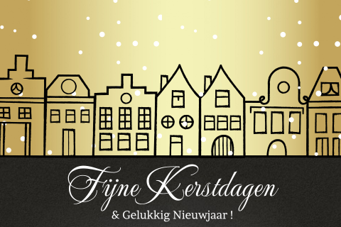 Kerst verhuiskaart met goud en getekende huisjes verhuizen