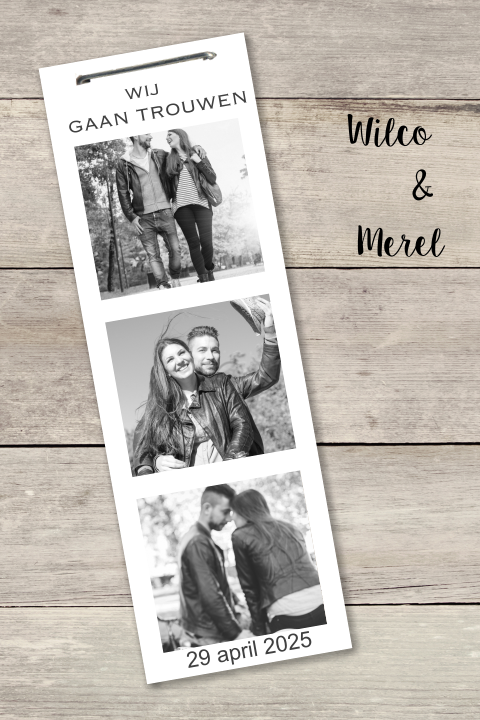 Trouwkaart met hout design en fotostrip