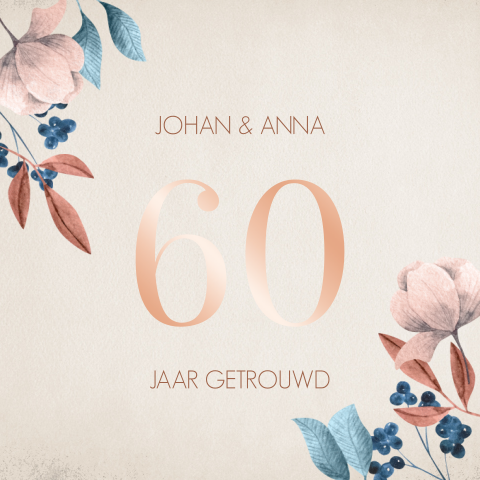 Uitnodiging jubileum 60 jaar met getekende bloemen