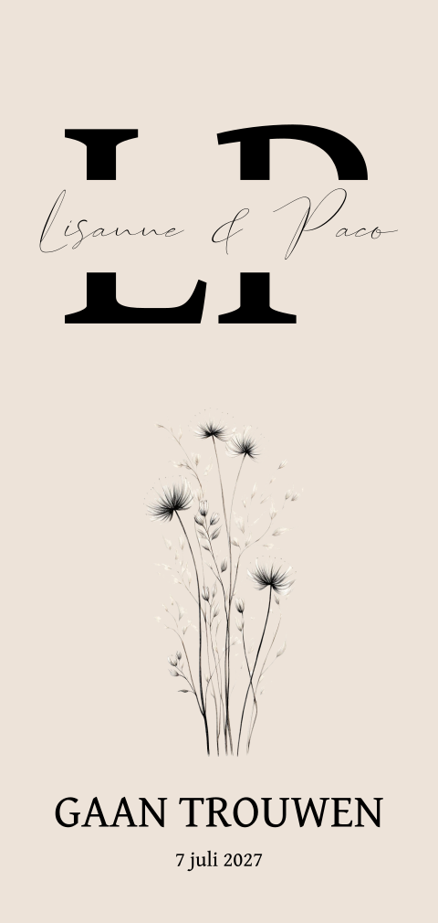 Langwerpige trouwkaart beige met takjes