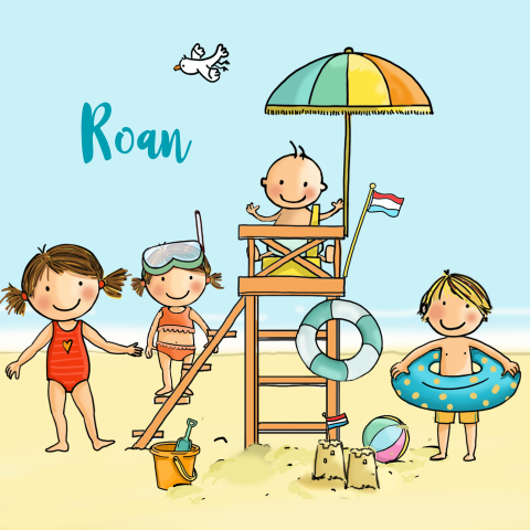 4de kindje geboortekaartje jongen strand met zussen en broer