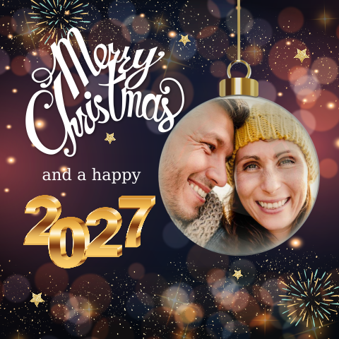 Kerstkaart met foto in een kerstbal 2027