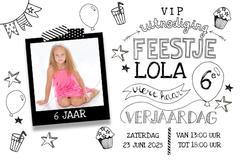 Uitnodiging inderfeestje zwart wit handlettering foto meisje