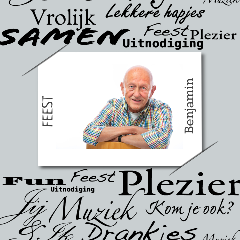 Verjaardag uitnodiging typografie en foto in grijs hip en trendy