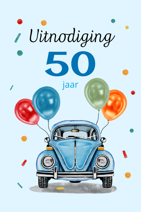 Uitnodiging feestje 50 jaar oldtimer met kever ballonnen