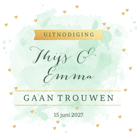 Trouwkaart aquarel groen hartjes tekst