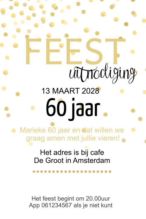 Stijlvolle uitnodiging met gouden confetti 60 jaar