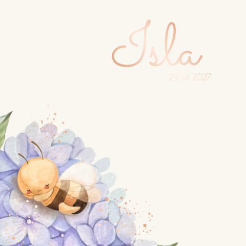 Geboortekaartje meisje met bijtje slapend op paarse bloem