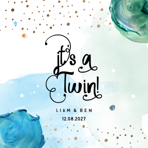 Hip geboortekaartje voor een tweeling met groen verf effect