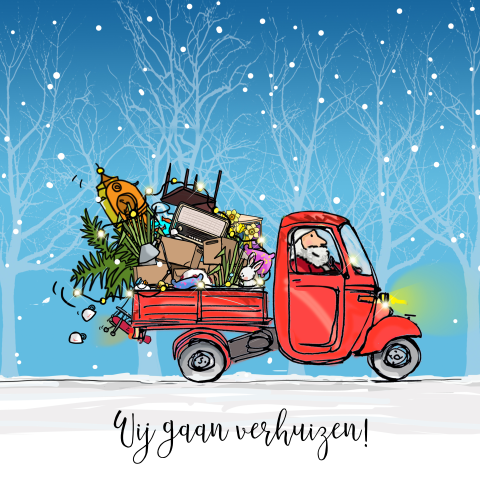 Getekende combinatie kerstkaart en verhuiskaart samen ape met kerstman