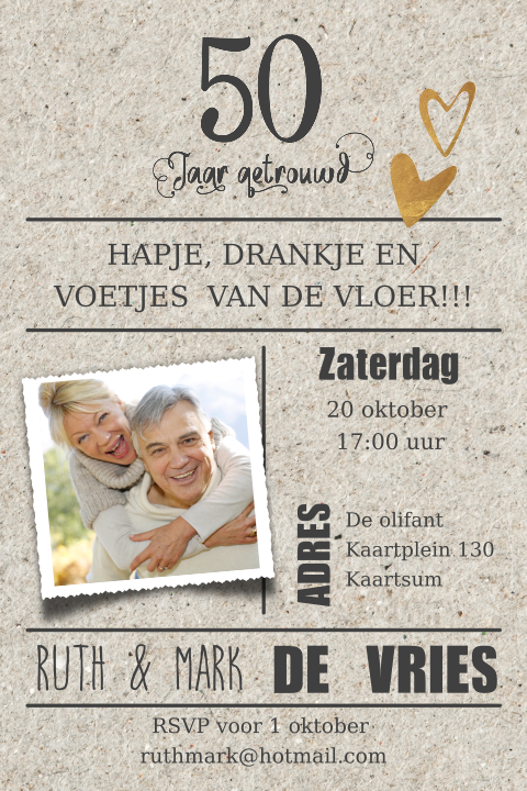 50 jaar getrouwd uitnodiging met gouden details en typografie
