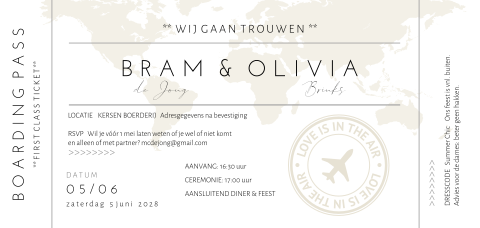 Hippe boarding pass trouwkaart
