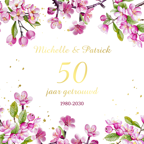 Jubileum uitnodiging 50 jaar getrouwd met roze bloesem takken