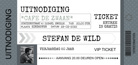 Hippe uitnodiging 50e verjaardag in ticket stijl grijsblauw