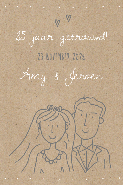 Jubileumkaart 25 jaar getrouwd met schetsmatig getekend bruidspaar