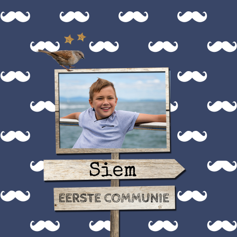 Hippe foto communie uitnodiging met wegwijsborden snor patroon