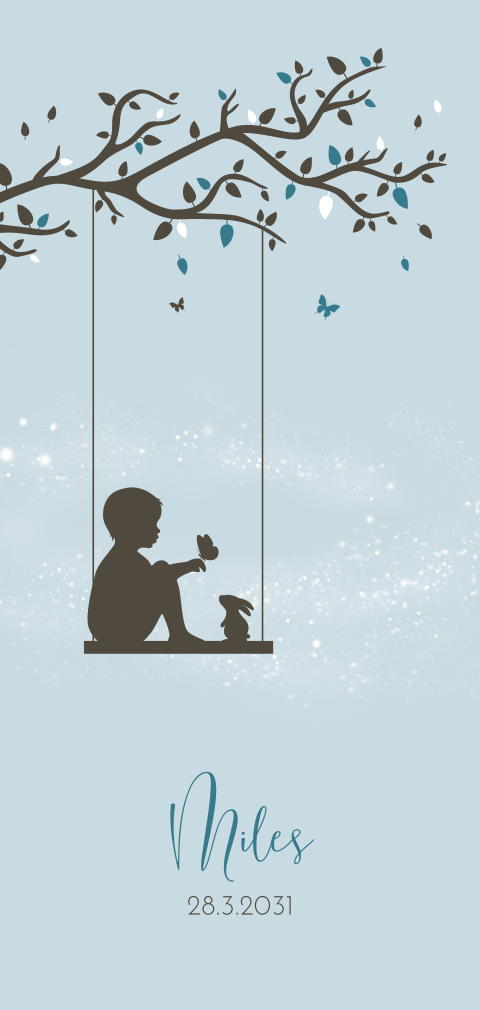 Silhouet geboortekaartje met jongen op schommel