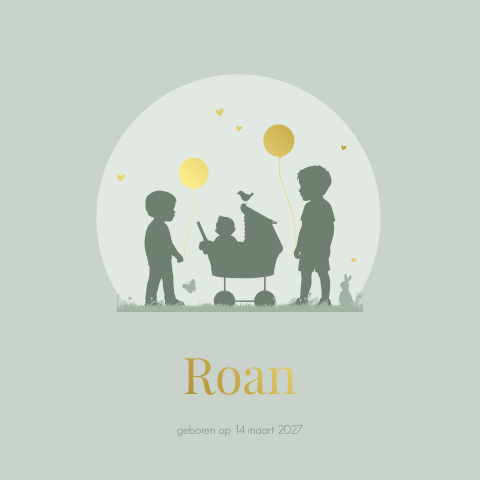 Geboortekaartje derde kind 3 jongens groen met goudfolie