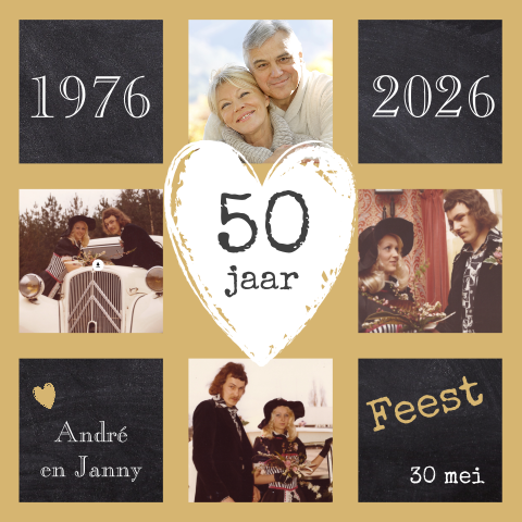 Fotokaart collage uitnodiging 50 jarig huwelijk krijtbord en hart