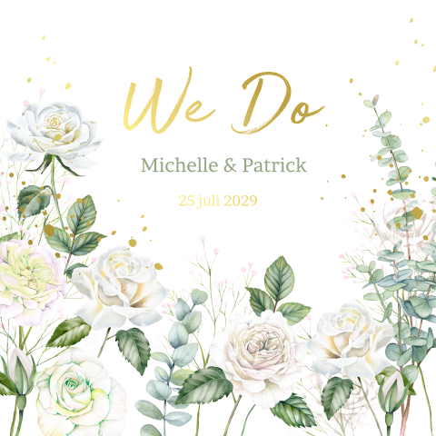 Trouwkaart met witte rozen en eucalyptus takken