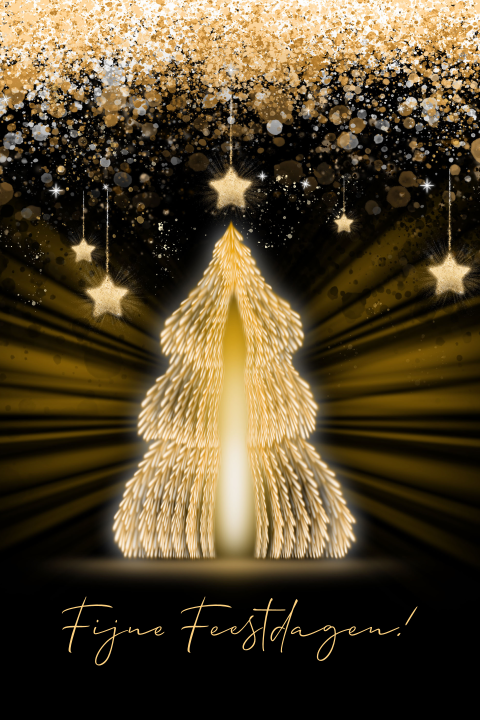 Kerstkaart kerstboom licht vuurvonken goud