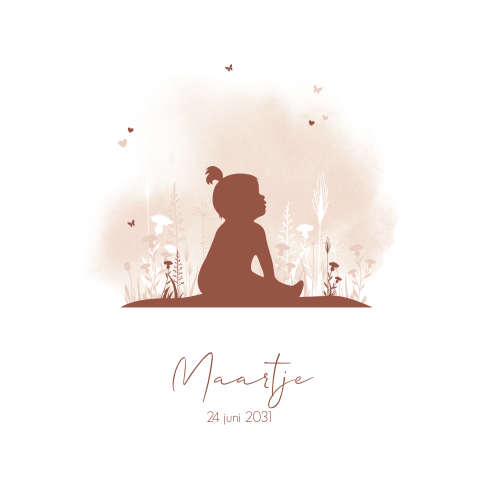 Meisjes geboortekaartje met silhouet van meisje in bloemenveld