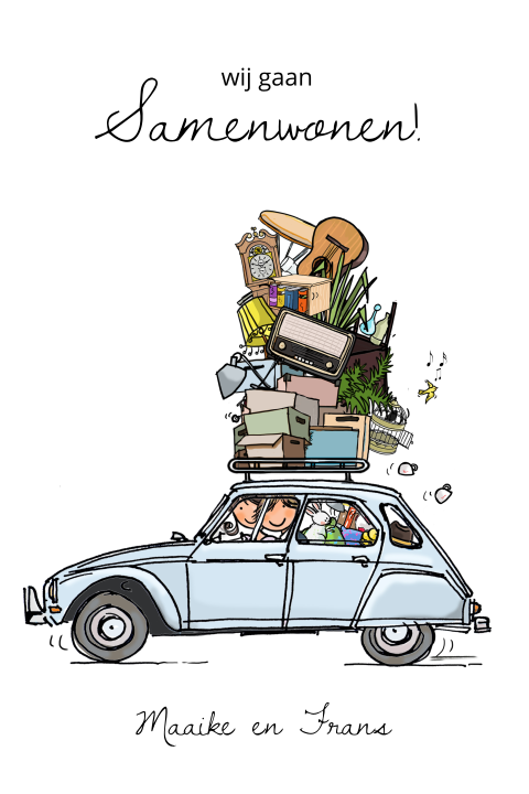 Samenwonen kaart met auto Citroen Dyane en verhuisspullen op het dak