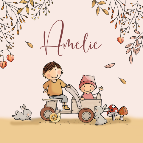Geboortekaartje 2e kind zusje en broertje met houten kar