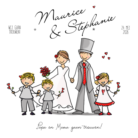 Getekende trouwkaart papa en mama trouwen met 3 kinderen
