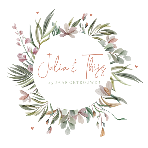 Jubileum 25 jaar uitnodiging met krans prachtige bloemen en takjes