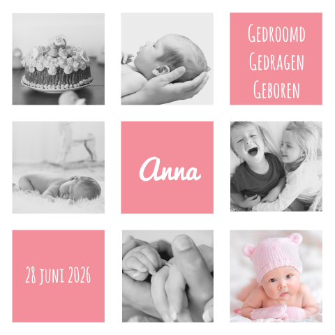 Geboortekaartje meisje roze vlakken en fotocollage