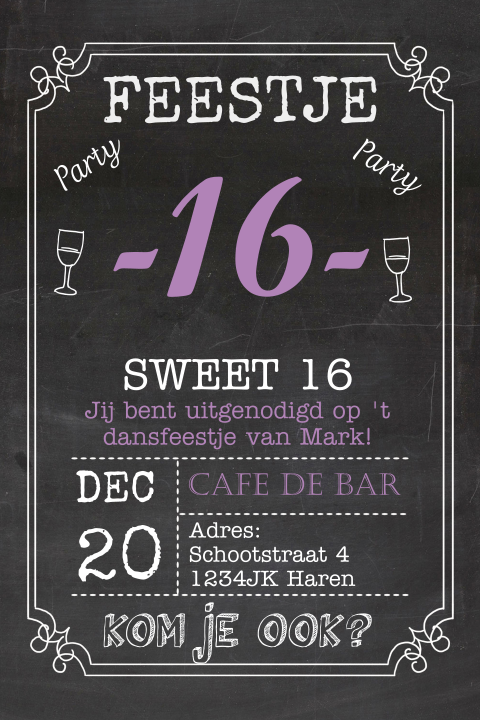 Uitnodigingskaart 16e verjaardag krijtbord met typografie