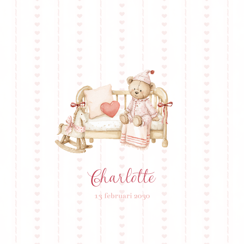 Geboortekaartje meisje met een beertje in een ledikantje