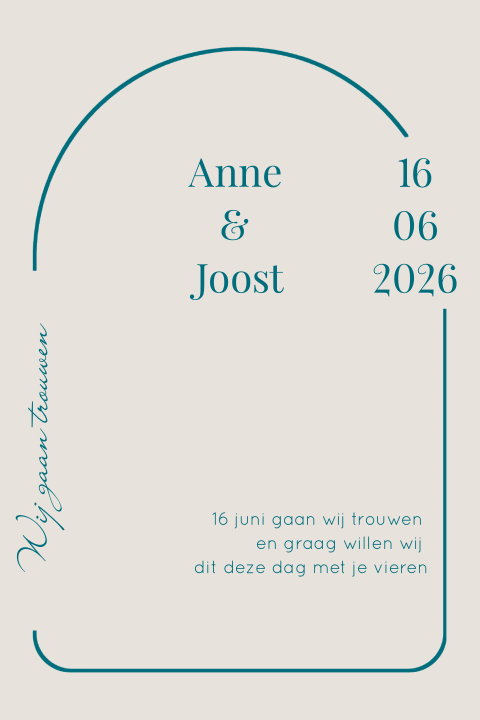 Trouwkaart eenvoudig in kleuren beige en petrol