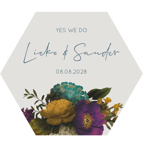 Hexagon trouwkaart kleurrijk ontwerp met bladeren