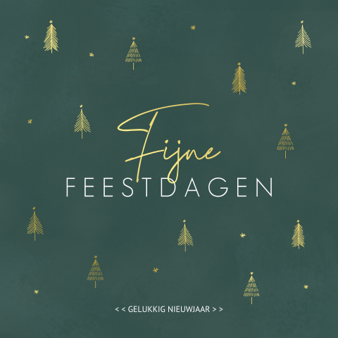 Kerstkaart goudfolie met sterren en kerstbomen