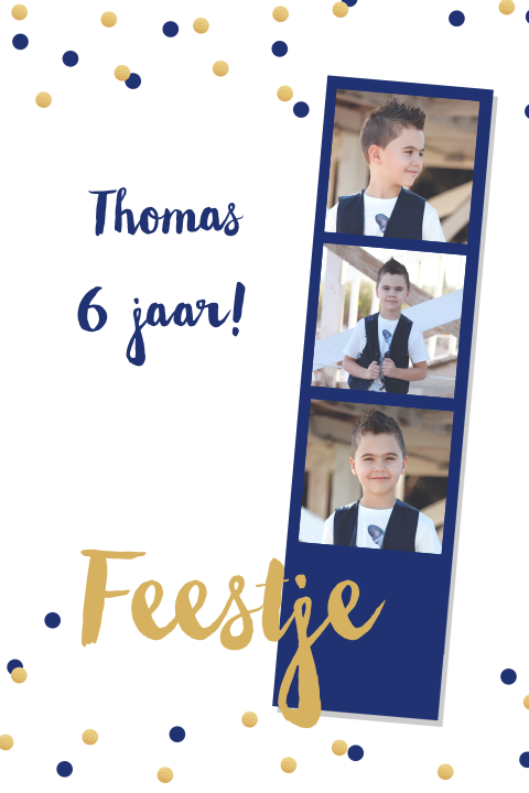 Uitnodiging kinder verjaardag fotostrip confetti jongen
