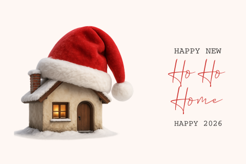 Kerst verhuiskaart grappig met huisje en kerstmuts