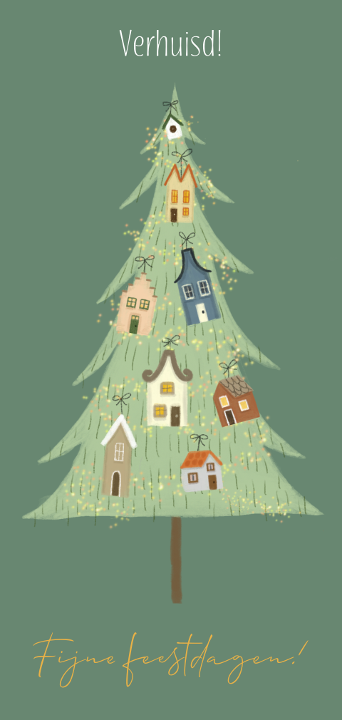 Kerst verhuiskaart kerstboom met huisjes